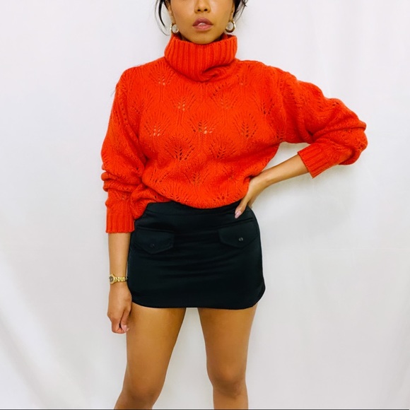 Vintage | Orange Pointelle Drop Shoulder Balloon Sleeve Turtleneck Sweater - Picture 10 of 13